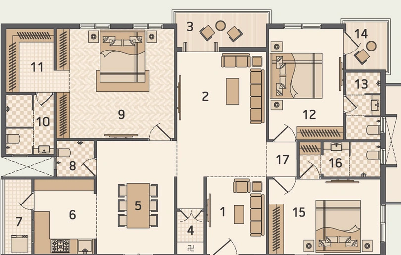 3 BHK 1610 sft Floor Plan